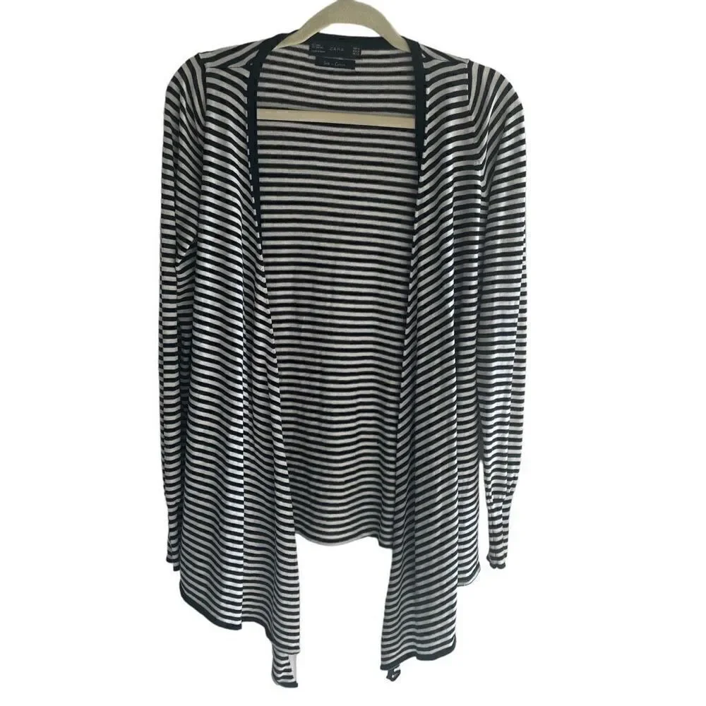 Zara Navy White Striped Silk Cotton Open Front Cardigan Top Women’s Size Medium